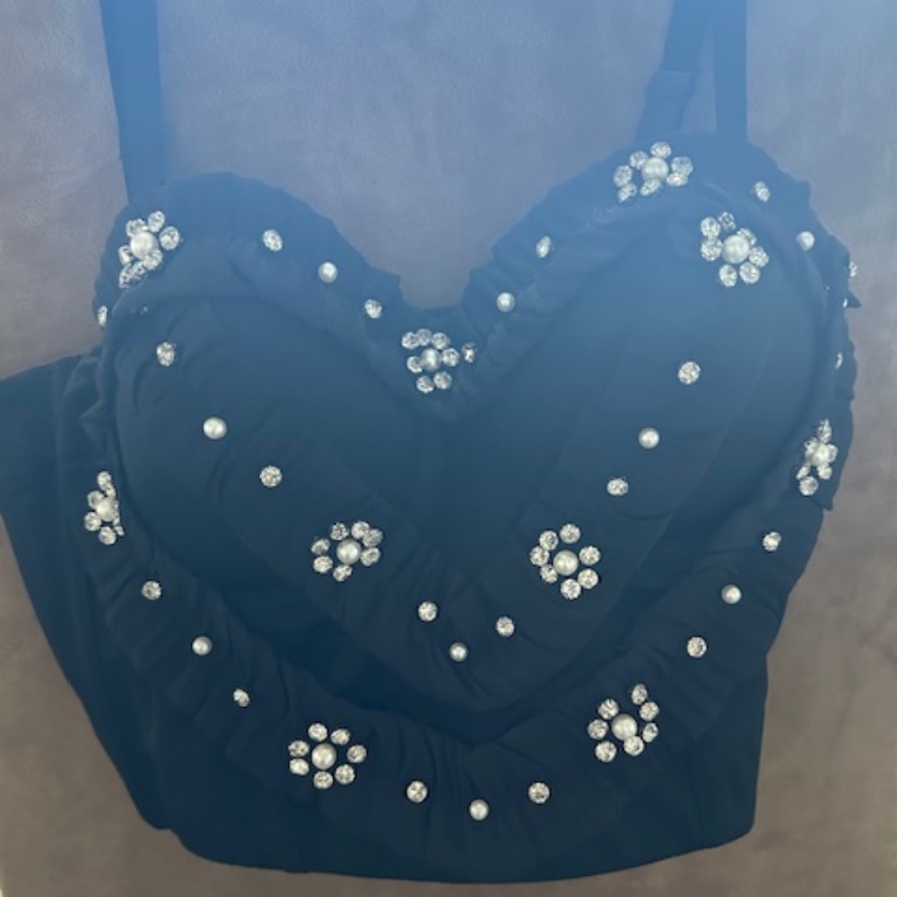 NWOT black bustier with pearl and rhinestone accents.